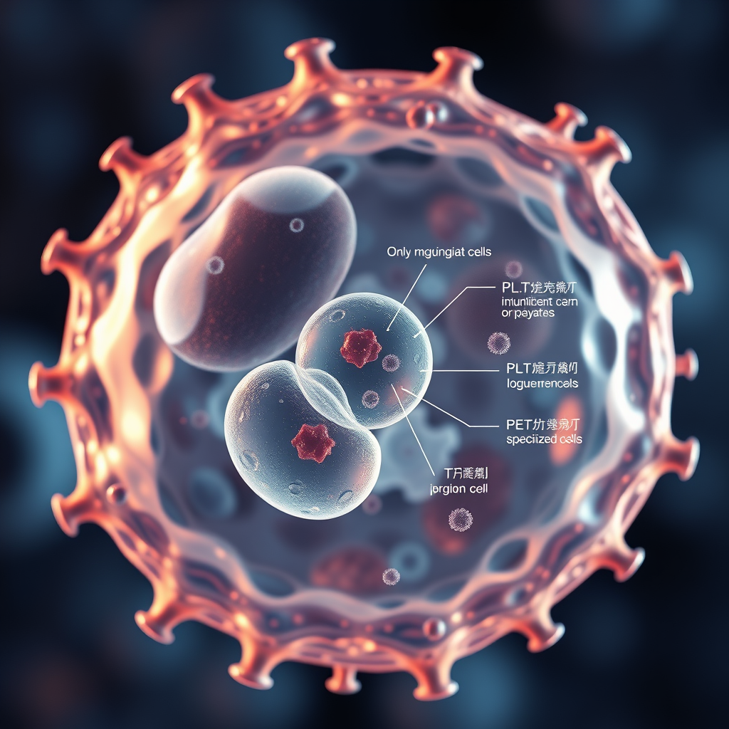 Main art studio: Clean photorealistic scientific visualization of a stem cell with only limited differentiation pathways leading to specific specialized cells, clearly