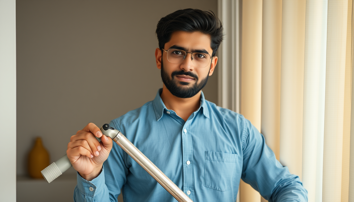 AI Art prompt example created from the prompt: size 2560 by 1194 No text in picture, real Pakistani man working in a home cleaning service, Make a make