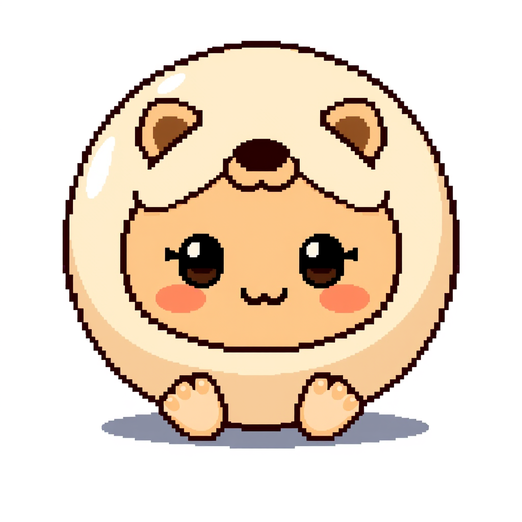 Main art studio: Cute round toy ball, pixel art, front view, perfectly circular, chubby shape, kawaii face, small ears, tiny feet, big shiny eyes, blush cheeks, soft b
