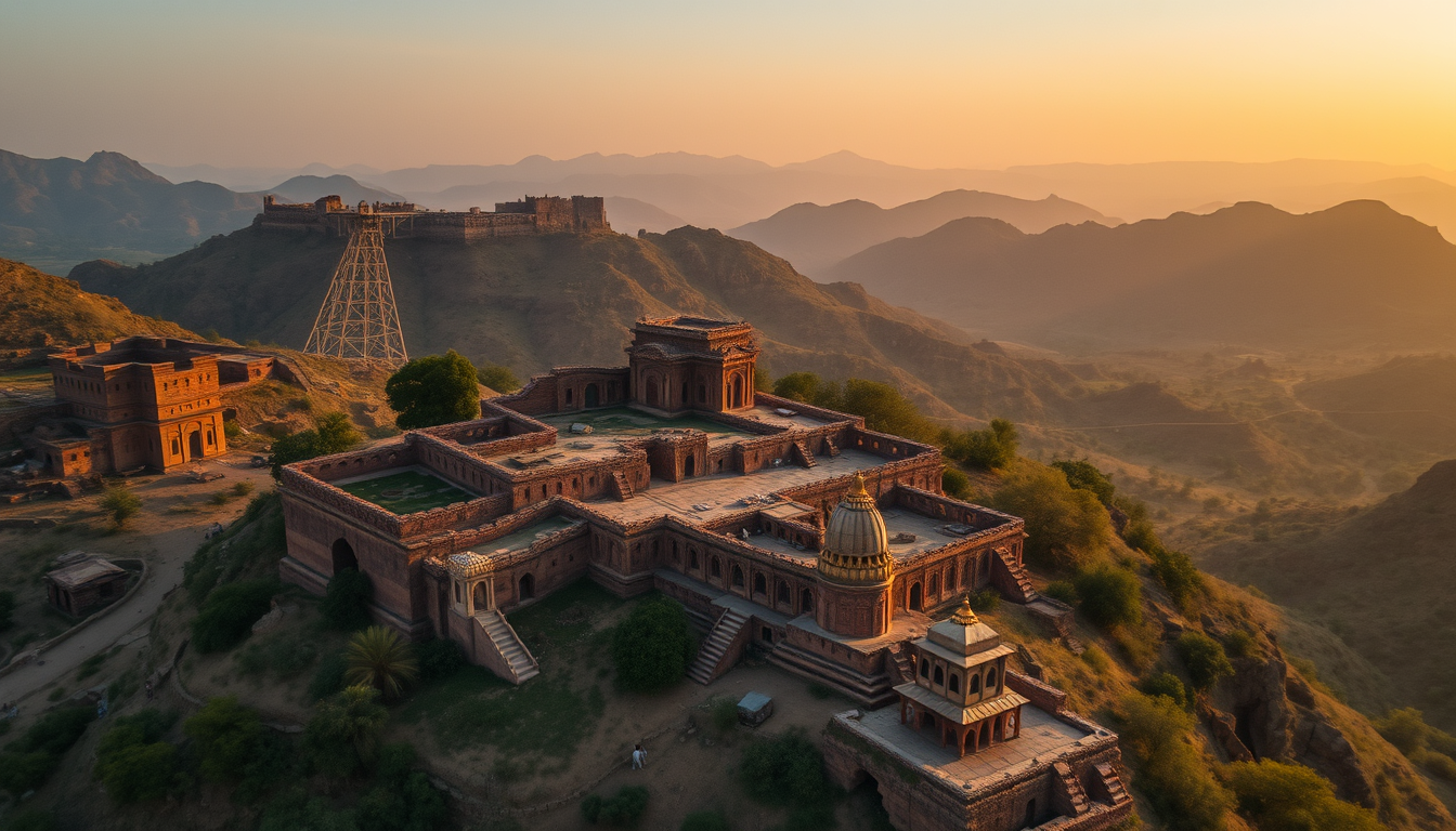 Main art studio: High aerial view of the real Bhangarh Fort and the surrounding Aravalli mountains at sunset, interconnected ruined sandstone buildings, abandoned pala