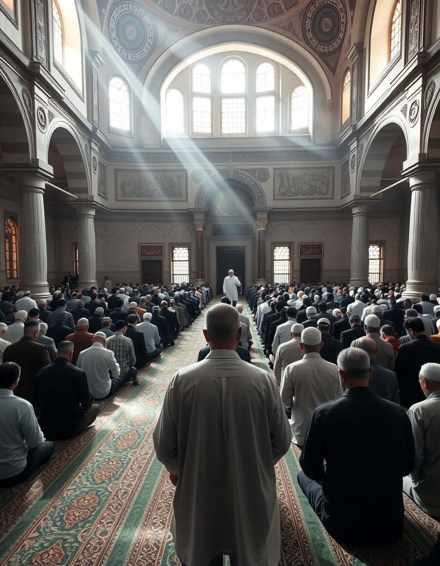 Main art studio: A cinematic Islamic prayer scene inside a beautiful historic mosque, the imam at the front leading the congregation, all worshippers moving together i