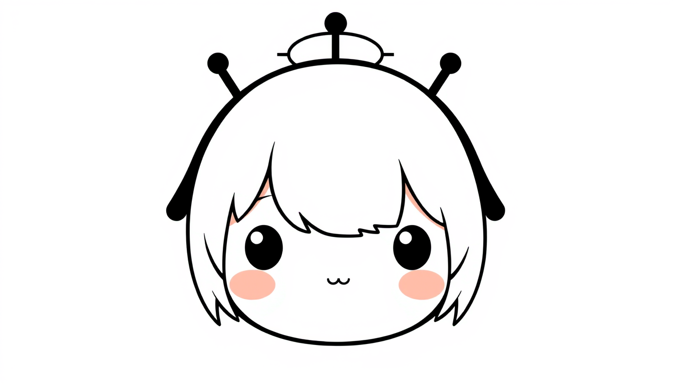 Main art studio: Cute simple cartoon character, white hair, black balcony-shaped accessory on top of the head, black and white color scheme, simple round face, small b