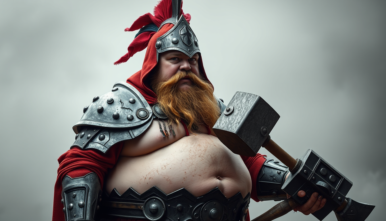 Main art studio: adult male, fat warrior fat belly out of iron armor, wearing war hood, dark iron armor with red linen armor design, holding a hammer with large burger
