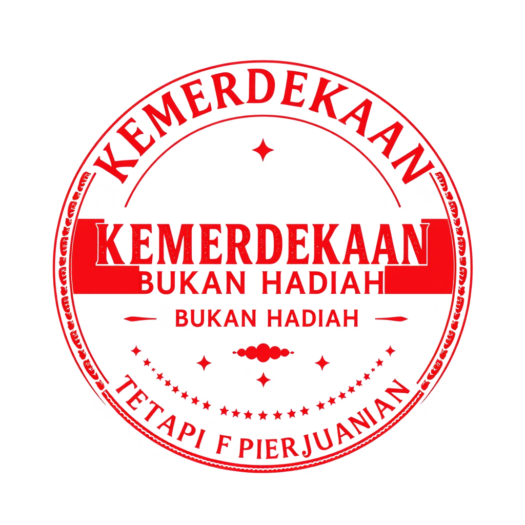 Main art studio: Create a beautiful circular Indonesian Independence Day badge. Text EXACTLY: “KEMERDEKAAN BUKAN HADIAH, TETAPI HASIL PERJUANGAN” Do not change, misspe