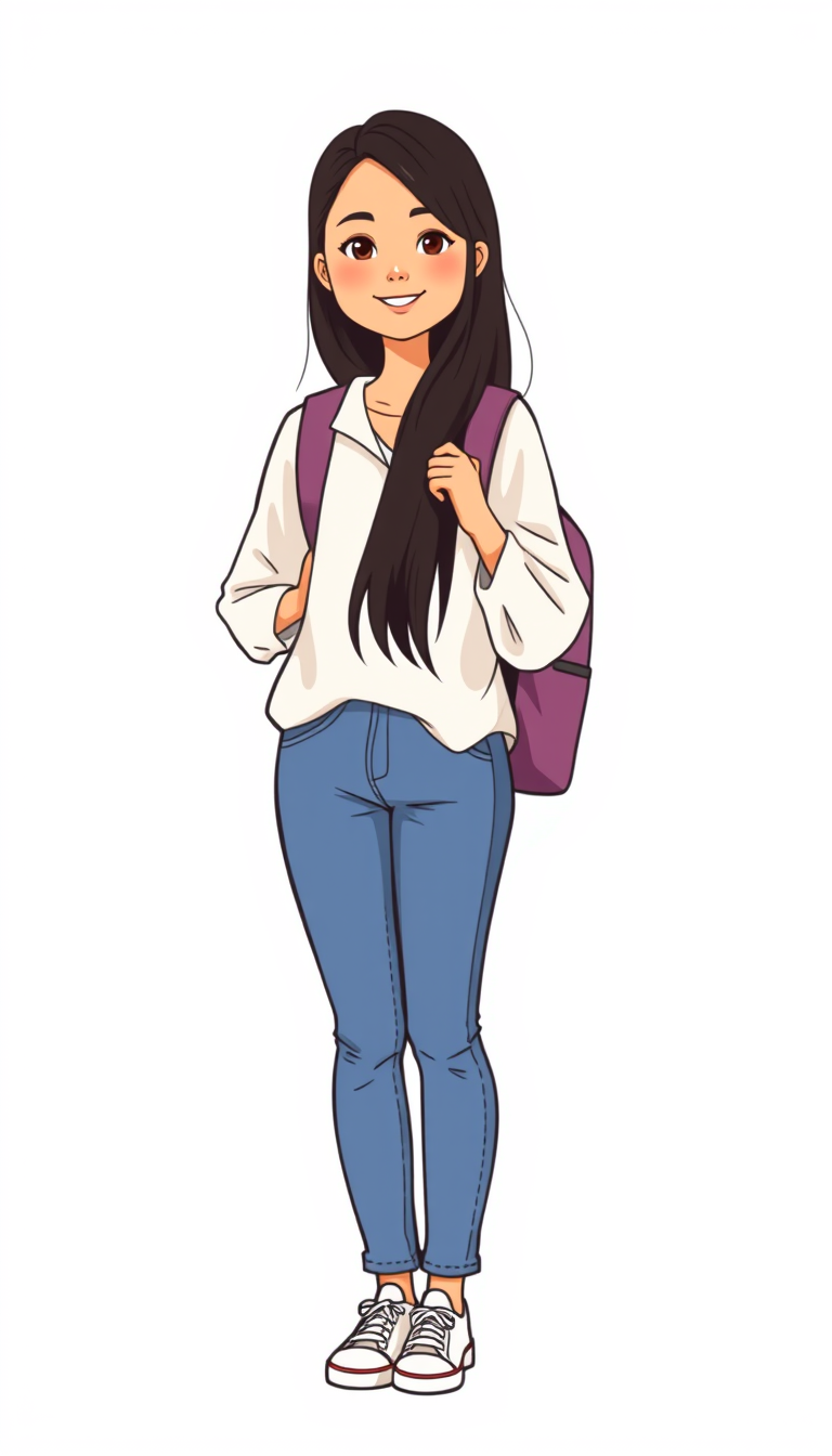 Main art studio: Young Filipino female college student, 18–22, long straight dark hair, brown eyes, warm medium skin, cheerful face. Light blouse, blue jeans, white sn