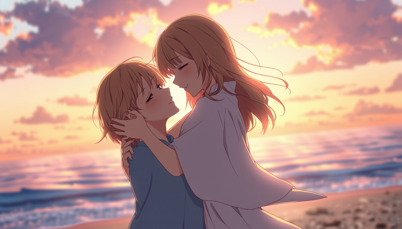 Main art studio: Chisa Kotegawa and Iori Kitahara from Grand Blue, deeply in love, embracing tenderly on a beach at sunset. Blushing cheeks, loving gazes, gentle smile
