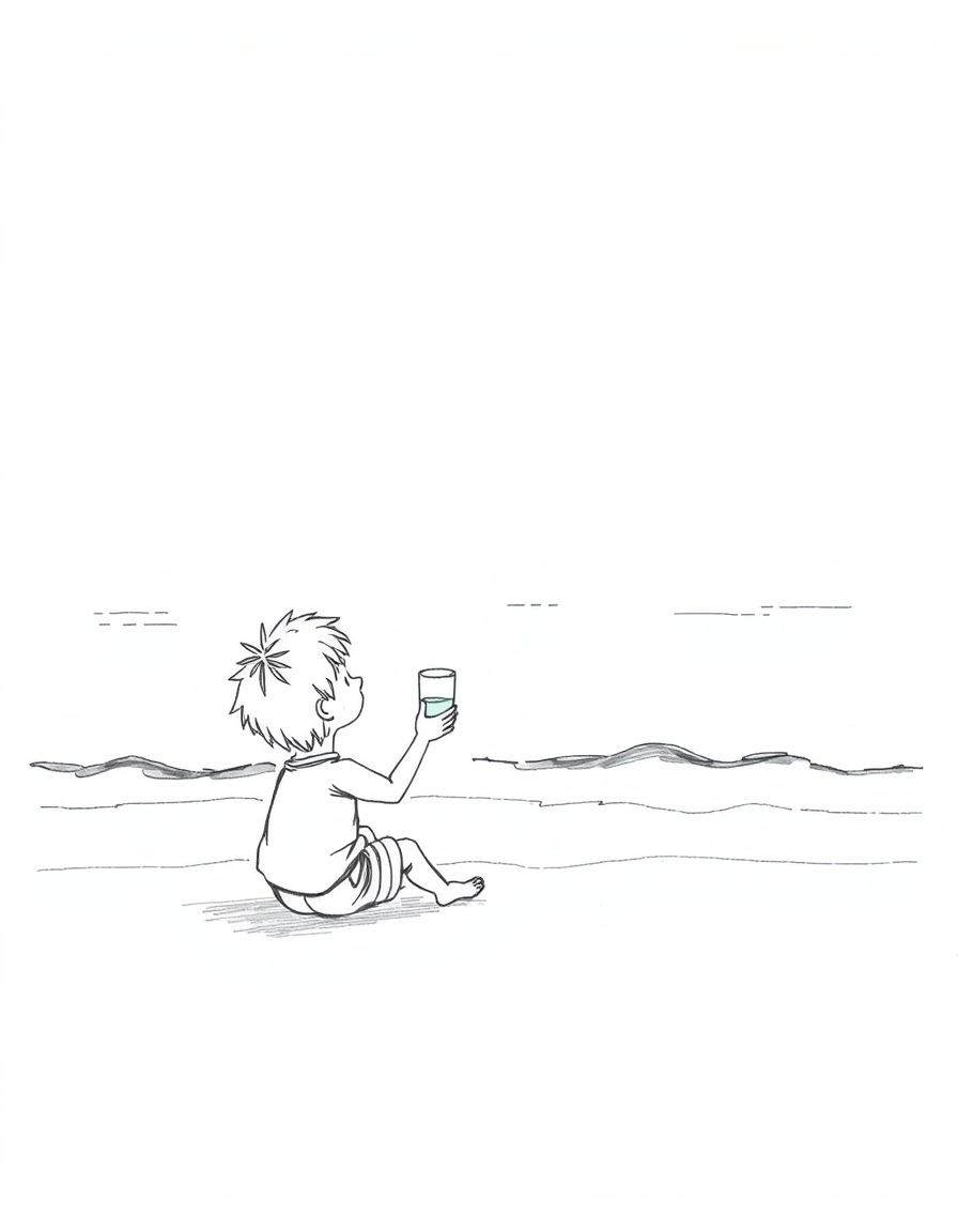 Main art studio: Black and white pencil sketch, simple childlike hand-drawn style. A little boy sits on the shore, holding a small glass of clear water and looking at
