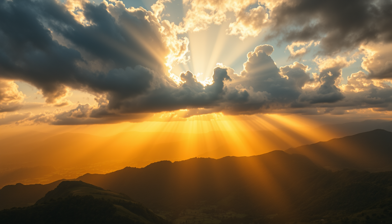 Main art studio: Brilliant sunrise breaking through dark clouds, heavenly golden rays illuminating mountains and valleys, peaceful spiritual landscape, symbolic repres