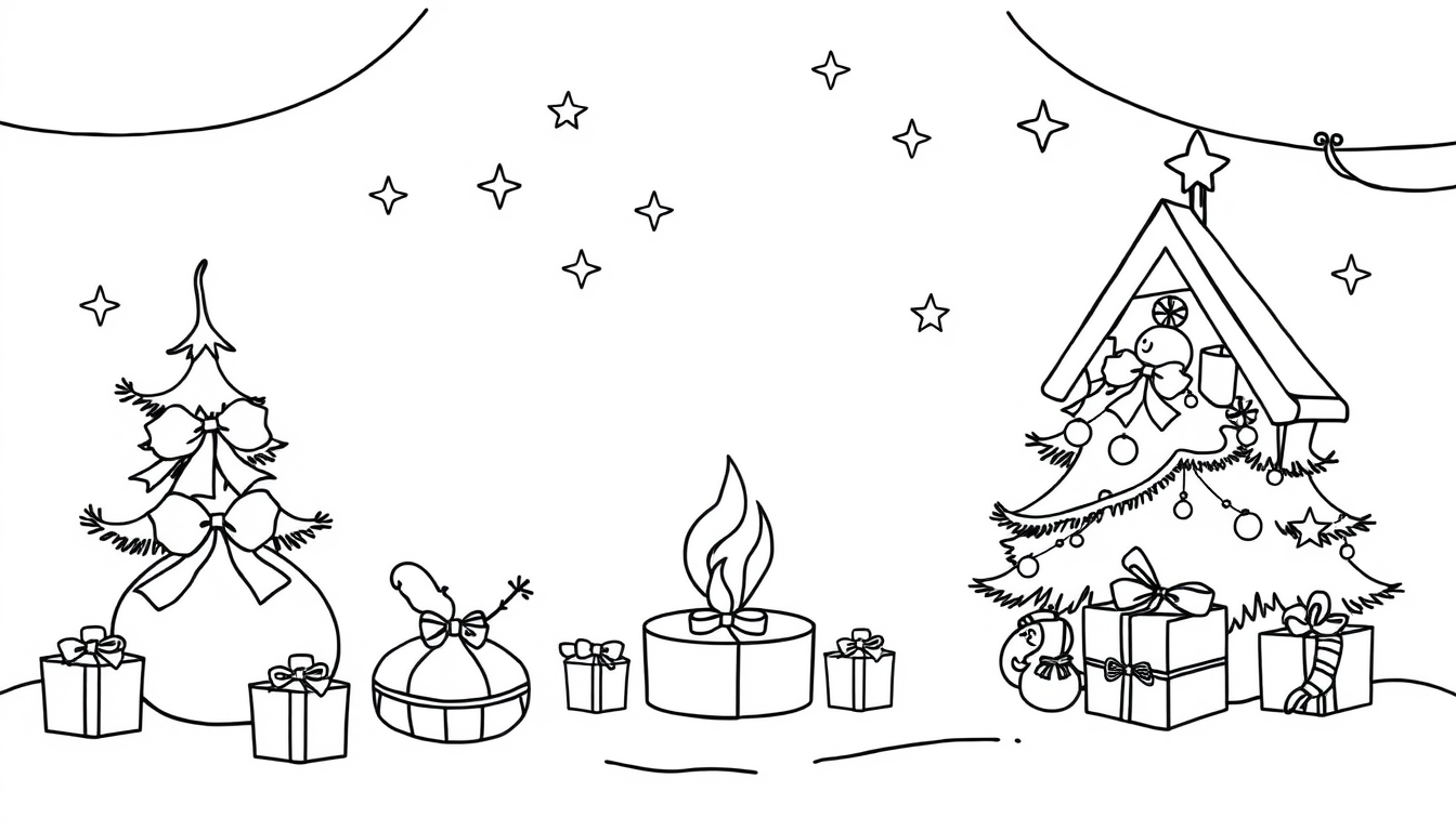 Coloring Book idea: coloring book page, clean black outlines, no shading, white background, Coloriage autour du thème de Noël , printable line art for coloring