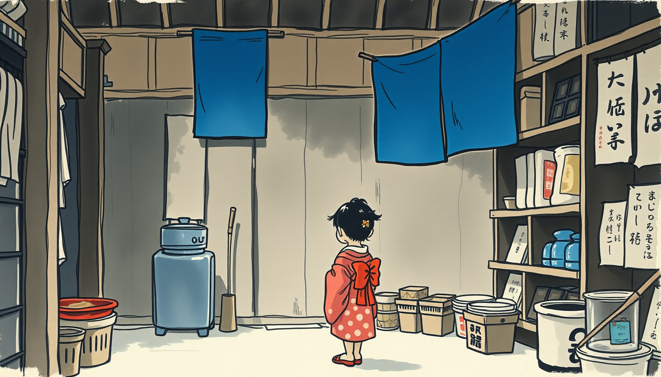 Main art studio: A little Japanese girl is standing alone in a ramshackle shop looking up at a piece of blue fabric up high on a shelf. The fabric is by itself and alm