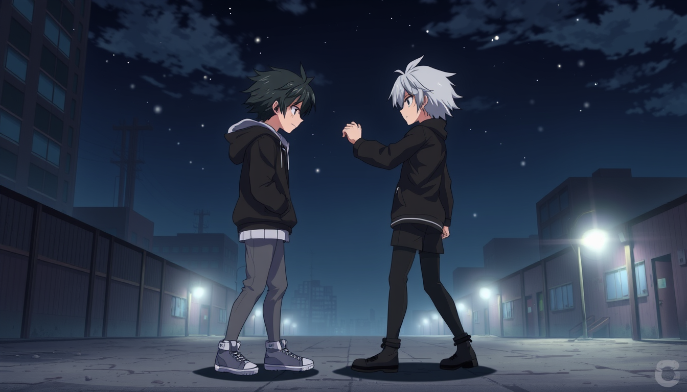 Main art studio: Two anime boys facing each other, full body, standing apart, one with black hair and black hoodie, another with silver hair and black clothes, abandon