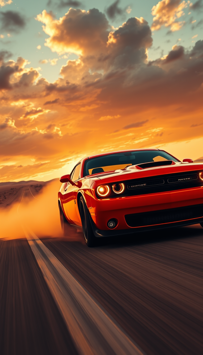 Main art studio: Vertical 9:16 wallpaper of a Dodge Challenger muscle car speeding through a desert highway at sunset, golden-orange sky, dust trailing behind, powerfu
