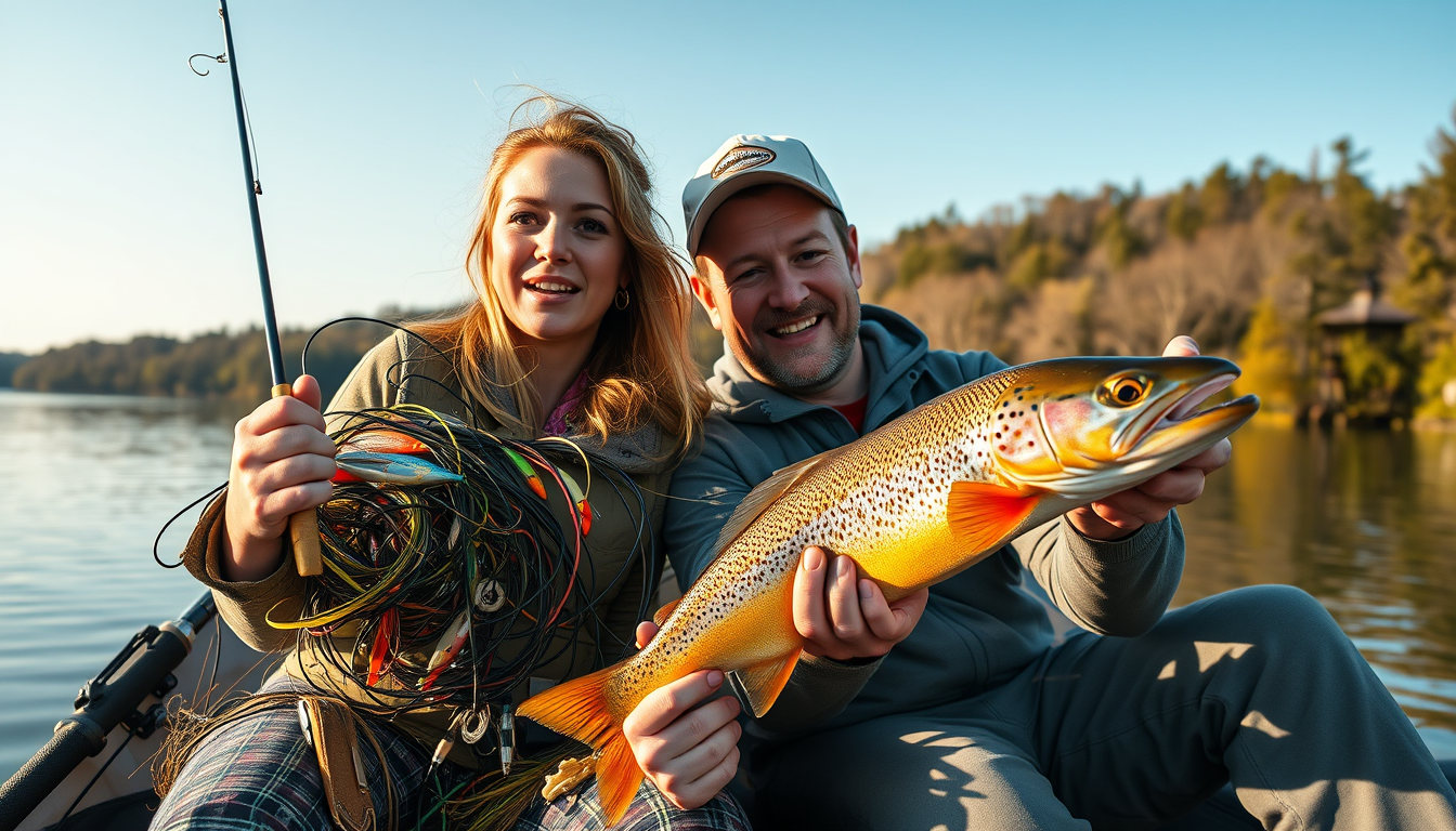 Main art studio: A funny, realistic photograph of a couple on a fishing trip at a peaceful lake in Tennessee. The woman is hilariously tangled in fishing line, surroun