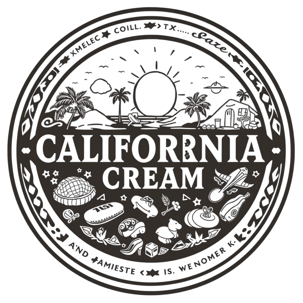 Main art studio: a 19. century black and white label. one by one inch. a complex graphic that shows typical california beach and things. name of the product: CALIFORNI
