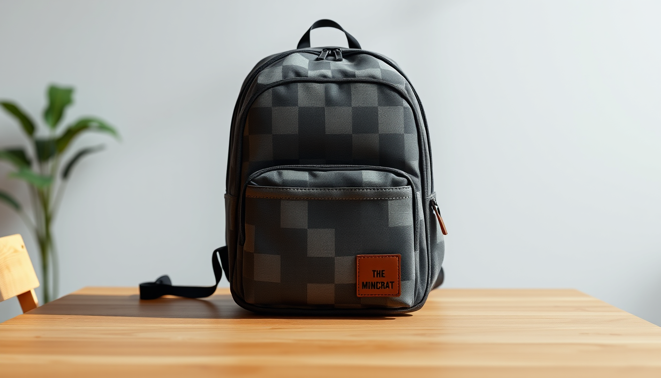 AI Art prompt example created from the prompt: Ultra-photorealistic Minecraft-inspired school backpack placed alone on a simple wooden table. The backpack has realistic fabric, stitching,