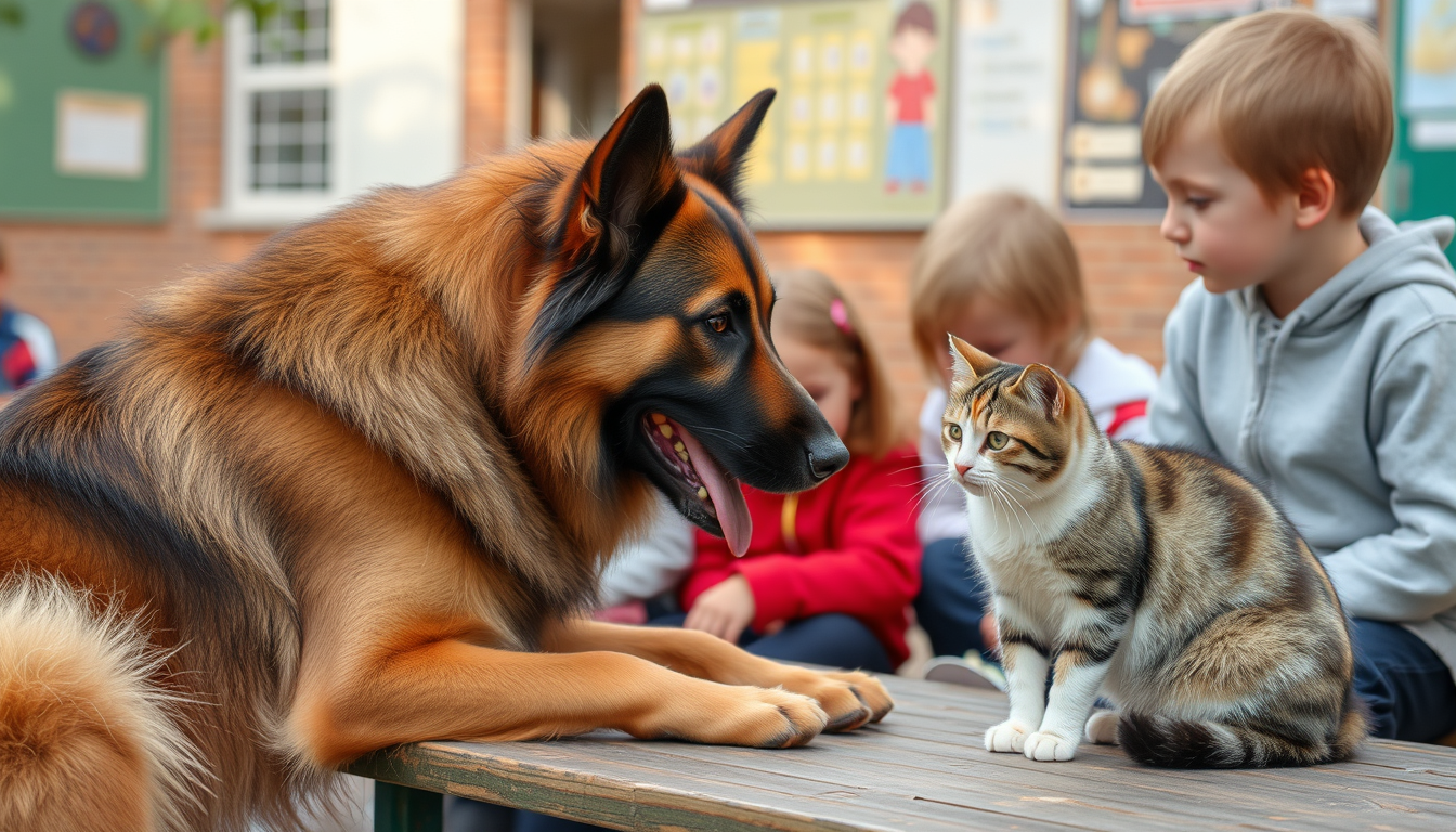 AI Art prompt example created from the prompt: maak een plaatje met een hond en een kat een een school met de leteres jskv