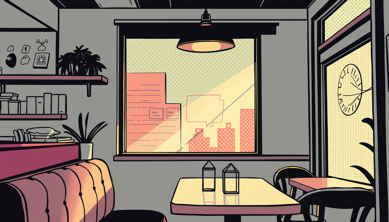 Comic Book idea created from the prompt: comic book style, bold lines, halftone dots, cozy slice-of-life cafe scene, soft window light, warm pastels , Marvel/DC style illustration,