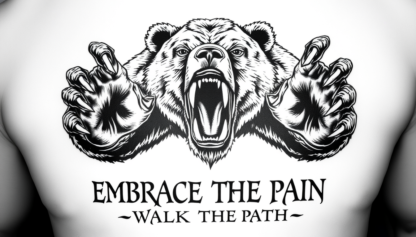 Main art studio: realistic black-and-grey tattoo: upper body only of a huge, hyper-muscular bear attacking straight at the viewer. Wide-open roaring mouth, massive tee