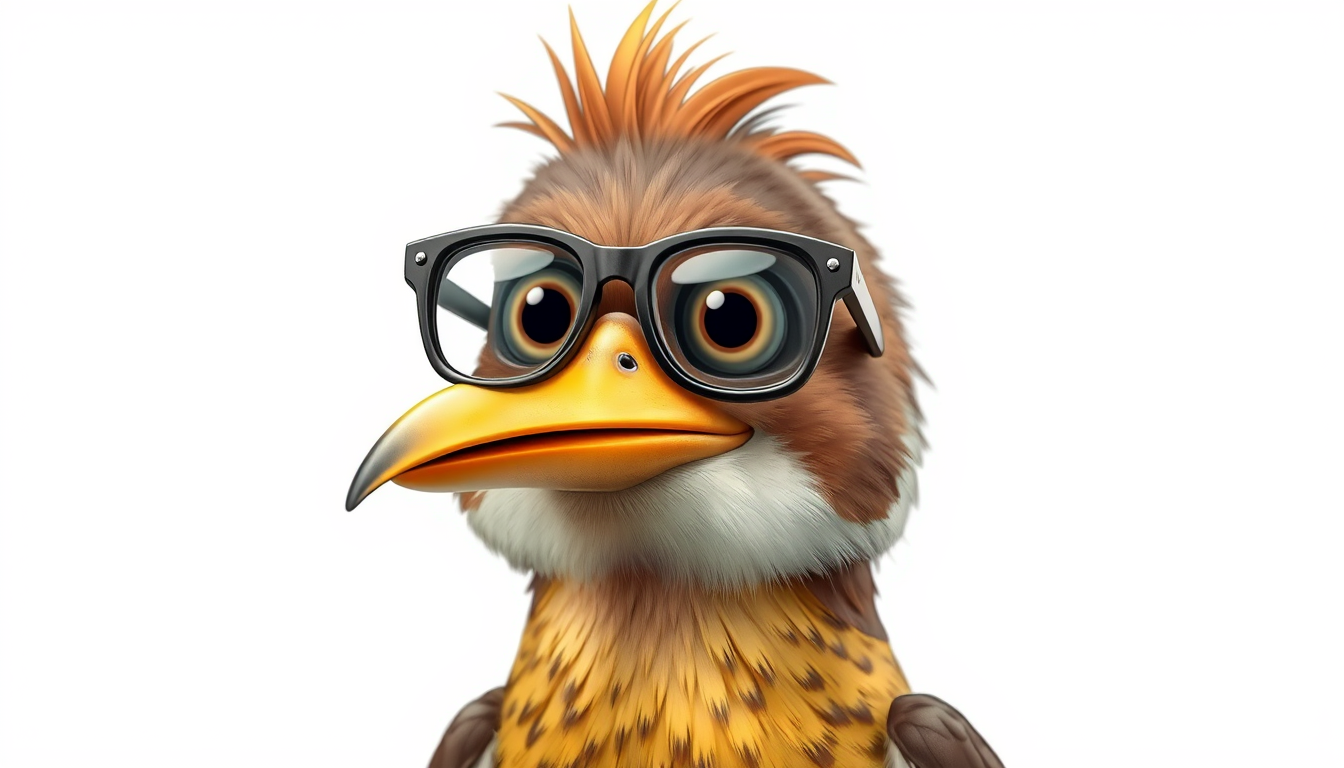 Main art studio: Ein freundlicher Vogel im Comic-Stil mit Brille, man sieht den ganzen Körper des Vogels, der Hintergrund ist weiß