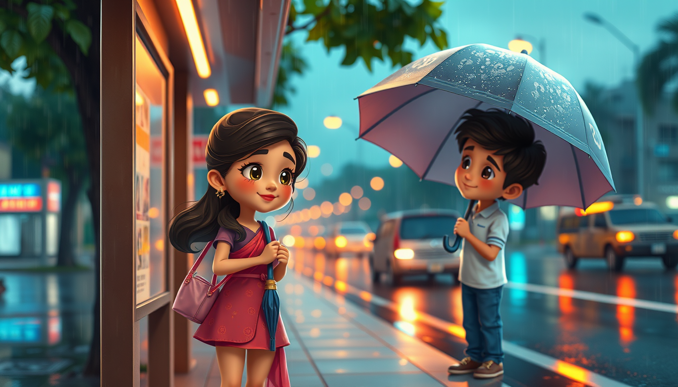 Main art studio: Cute romantic 3D cartoon style, a beautiful young Sri Lankan girl standing alone at a bus stop on a rainy evening, holding a broken umbrella, cute emo