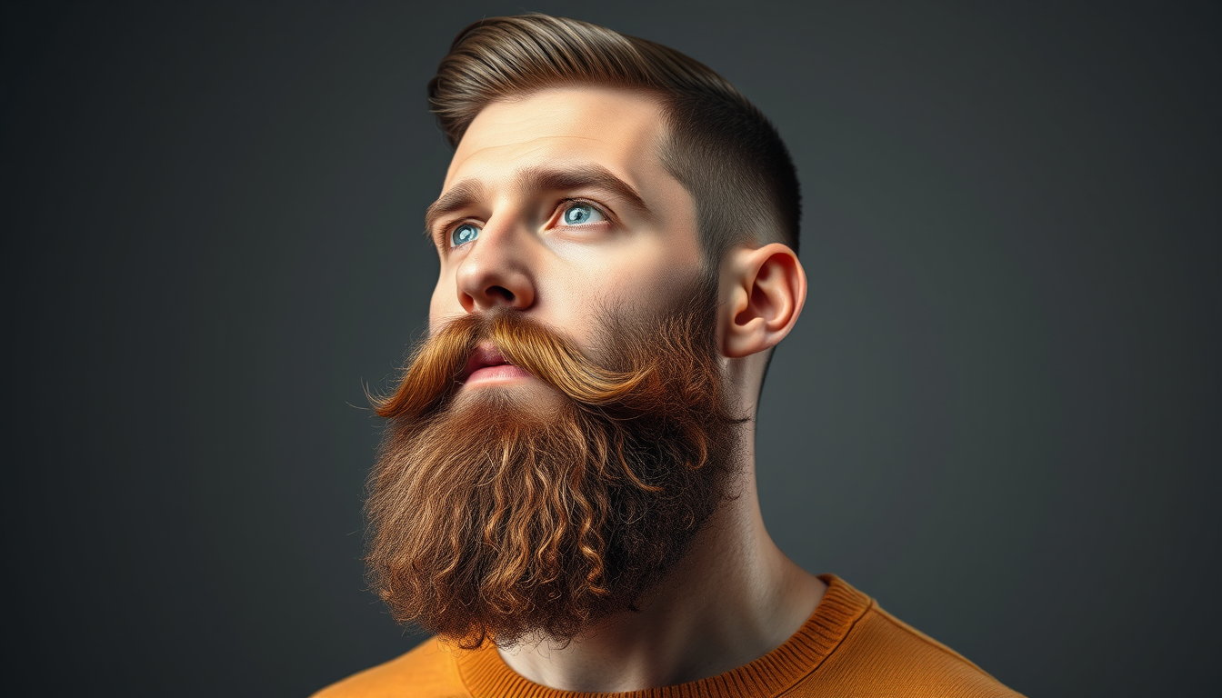 Main art studio: crea una immagine realistica di un uomo con una folta barba mediamente lunga, che abbia dei bottoni di varie dimensioni e colori infilati nella barba 