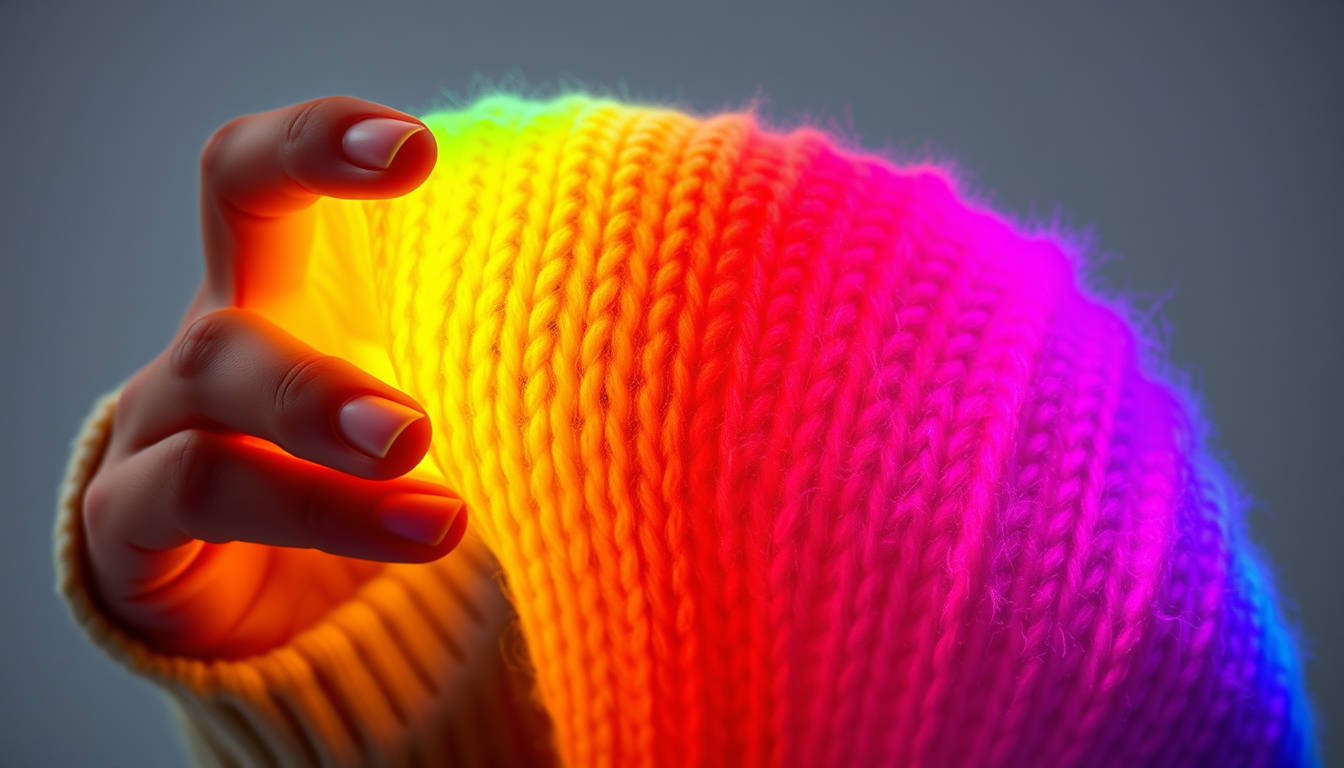 Main art studio: Erstelle mir ein realistisches Bild von einem Stricker mit einem leuchtenden Rainbow-Effekt. Der stcikr soll so aussehen, als würde er von innen herau
