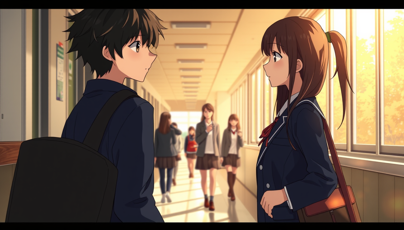 Main art studio: Create Scene 5 of the original cinematic Japanese anime romance movie October Theory. The next morning at a Japanese high school, Haruki Tanaka, a 17-