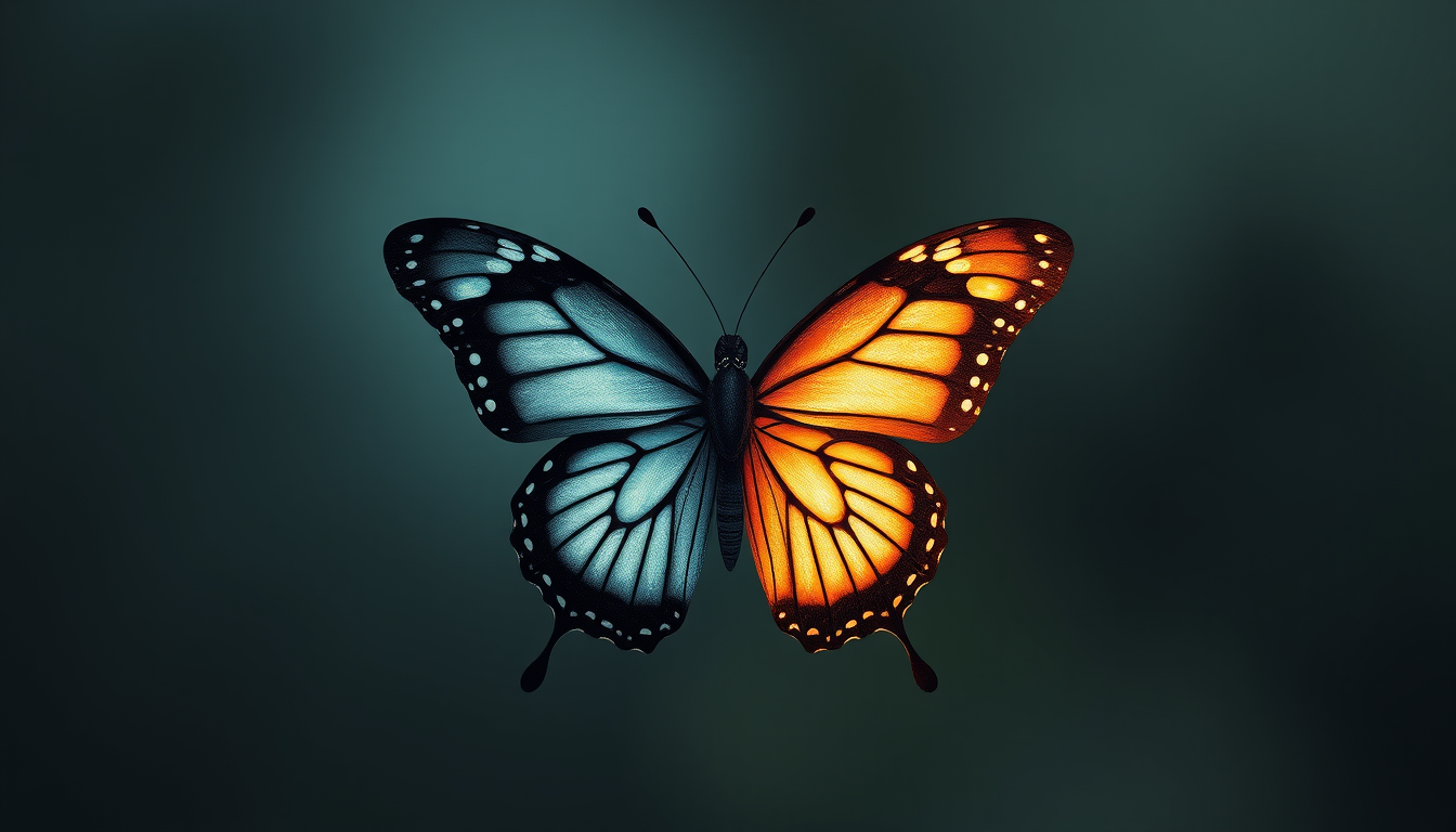 Main art studio: A butterfly where one half is dark and the other half is light, relatively realistic; I need it for an art cover page. Should be drawn