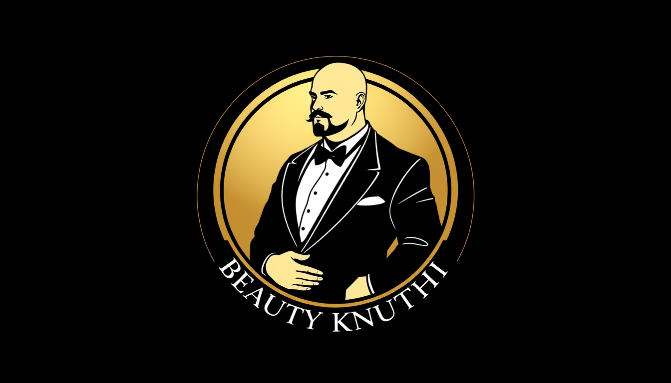 Main art studio: A circular luxury emblem logo for a beauty salon called "Beauty Knuthi". Inside the gold circle is a stylized, elegant black silhouette of a bald man