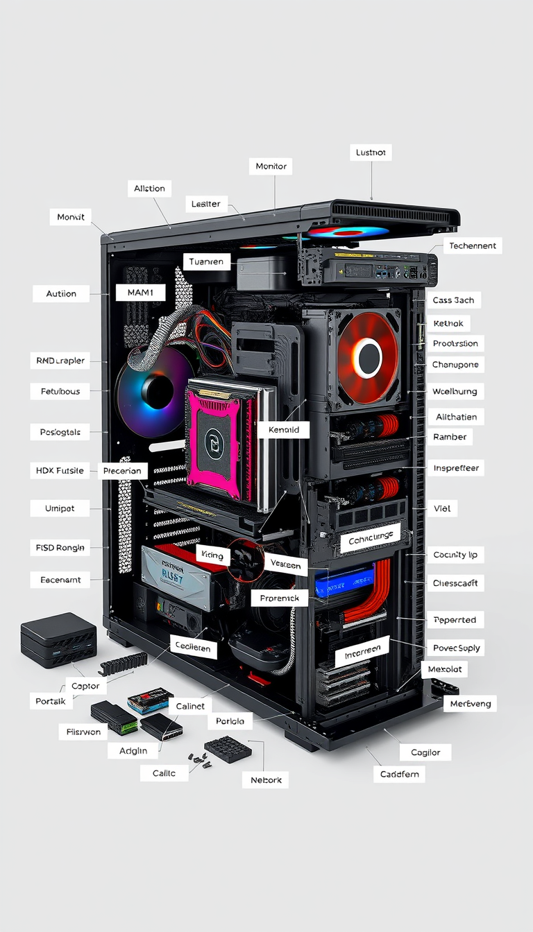 Main art studio: /explodedview Create a highly detailed 3D exploded-view of a modern desktop computer. Separate all major components in precise assembly order: monitor