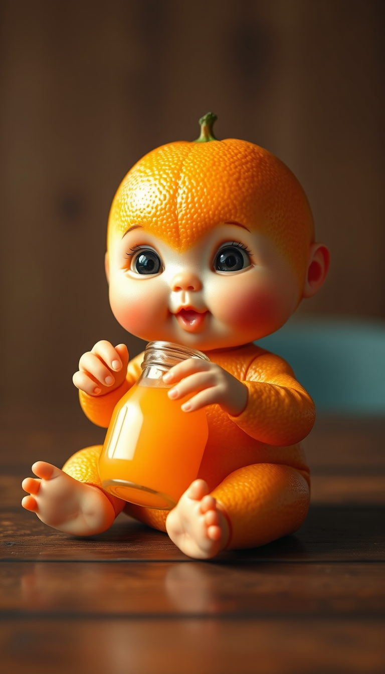 Main art studio: Hyper-realistic cute tiny baby made entirely from a peeled mandarin, exactly like a real peeled mandarin baby. Round mandarin-shaped head and chubby b
