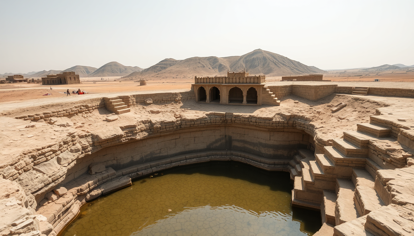 Main art studio: An old stone reservoir in a dry Rajasthani settlement, low water level, cracked earth, weathered stone steps and barren hills, realistic drought condi