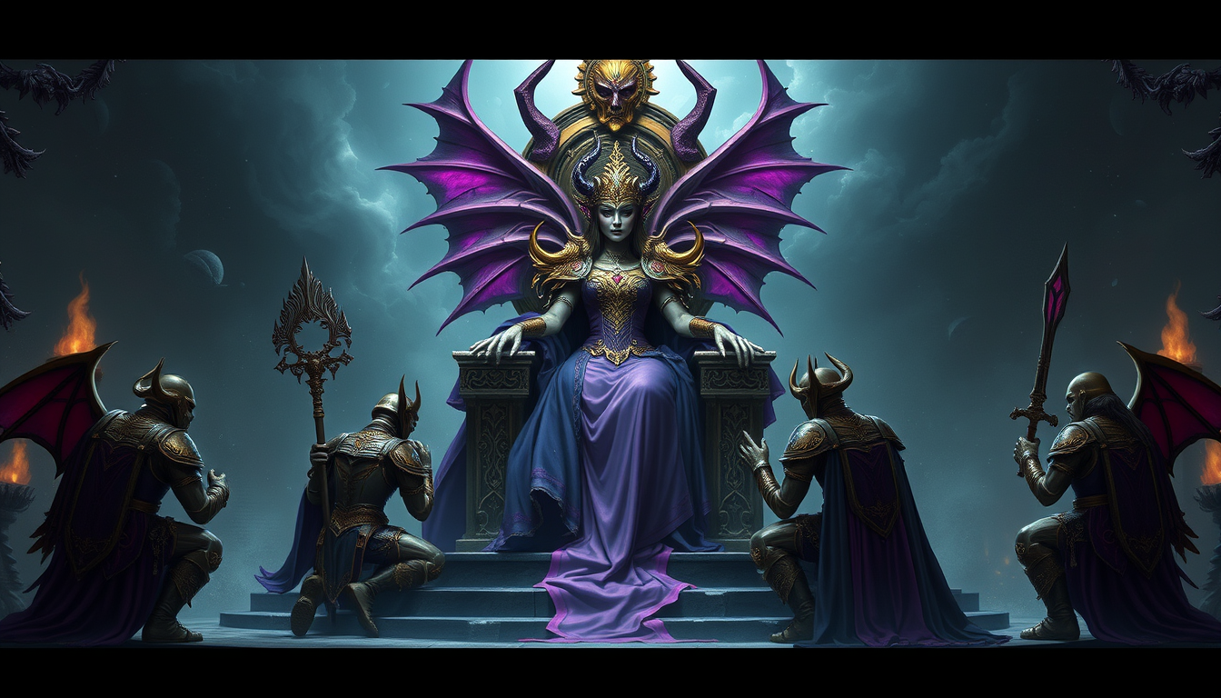 AI Art prompt example created from the prompt: Slaanesh, goddess of chaos and pleasure, sits upon her throne. Her loyal sons, the Emperor (Fulgrim's Legion and their Primarch), kneel befo