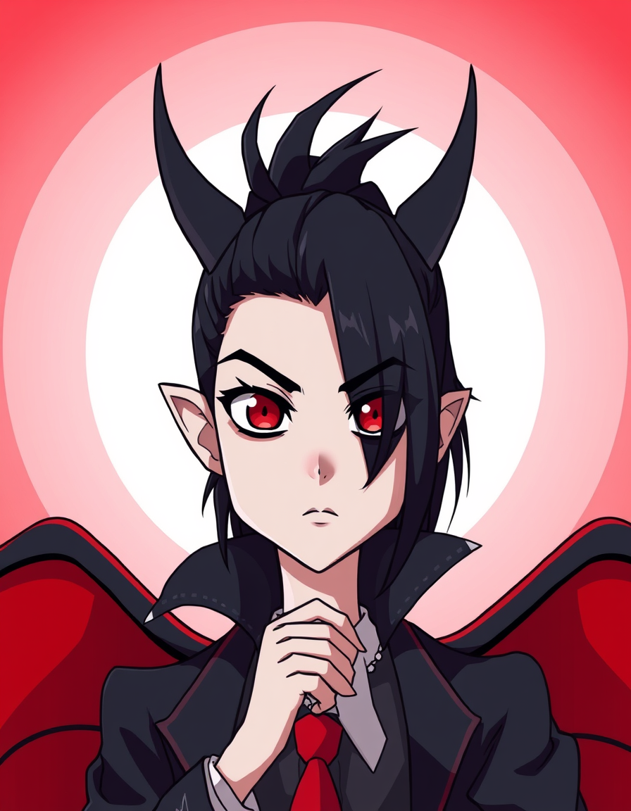 Anime idea: anime style, vibrant colors, expressive eyes, create an red black Vampire character with simple Toon cel-shaded artstyle, not anime , detailed anime i