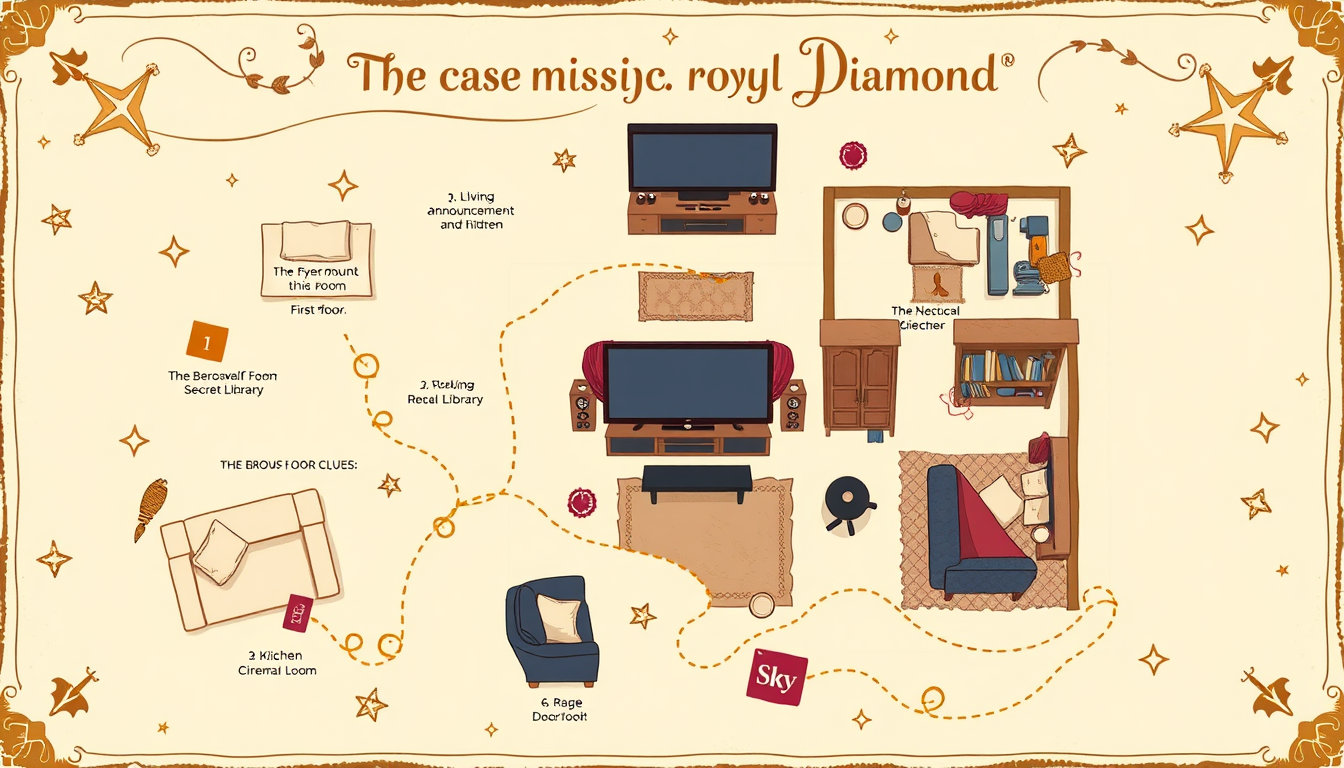 AI Art prompt example created from the prompt: Create a beautiful, detailed, illustrated treasure hunt map of a real three\-storey family house, designed for a children’s adventure called