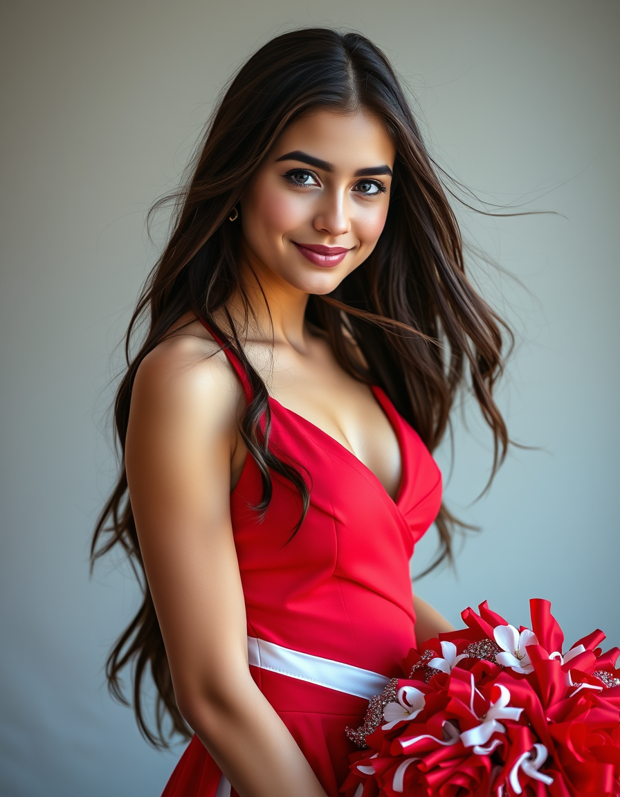 Main art studio: A romantic image of beautiful American teenage cheerleader with long flowing dark hair wearing a stunning red shoulder less dress that highlights her