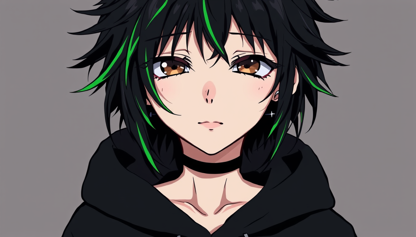 Anime idea: anime style, vibrant colors, expressive eyes, Androgynous emo femboy anime character, messy jet-black hair with vivid neon green streaks, pale skin, h