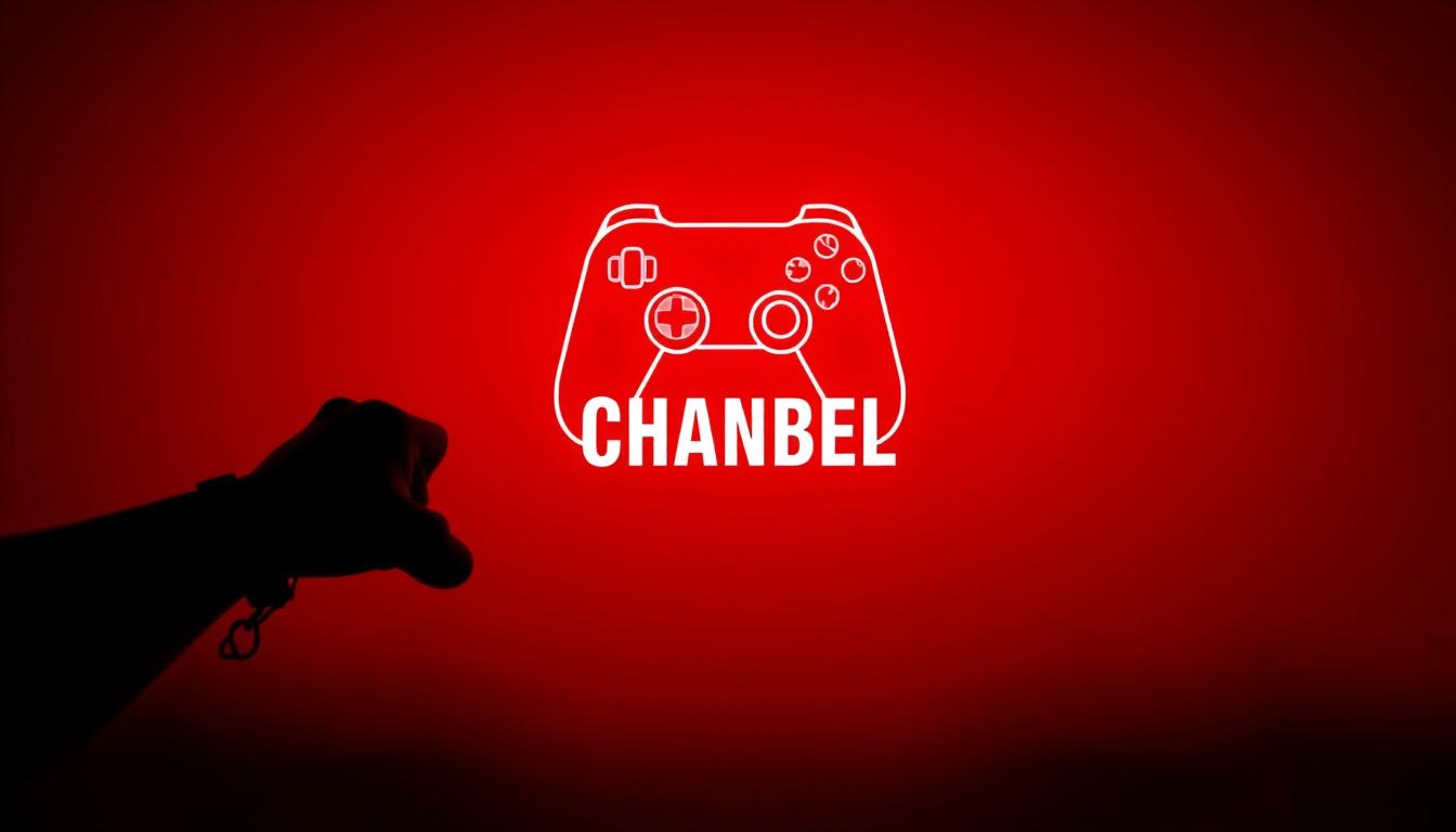 YouTube Banners idea: youtube channel banner, wide 16:9 composition, bold branding graphics, Movies channel, dark red background, neon controller silhouette, bold typograph
