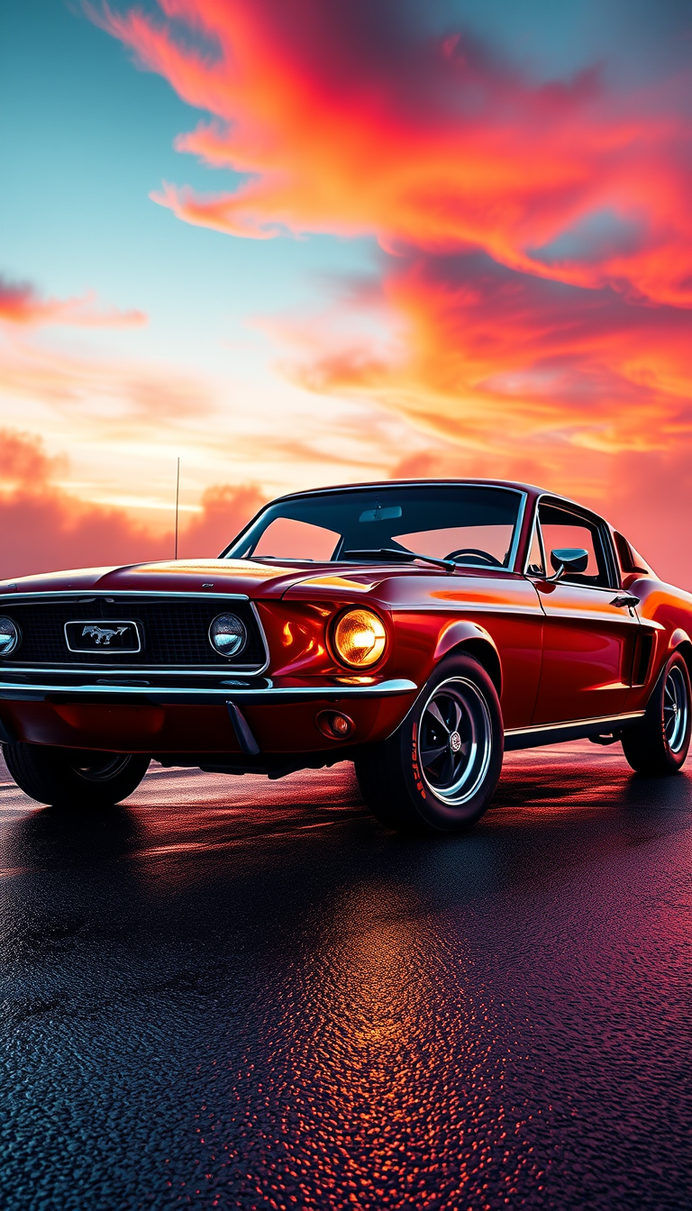 Main art studio: Ultra-realistic 4K vertical mobile wallpaper of a legendary 1967 Ford Mustang Fastback, glossy metallic red paint, aggressive front grille, iconic rou