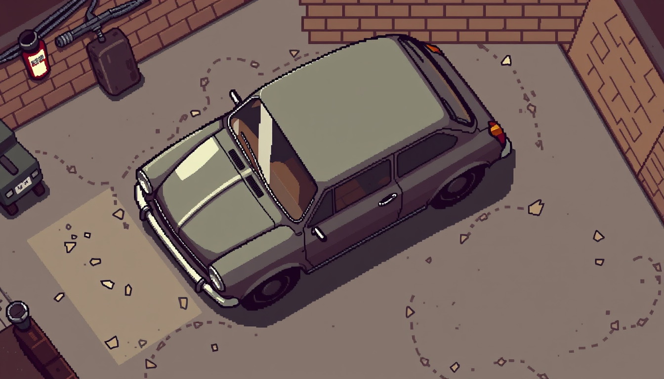 Pixel Art idea: pixel art, 32x32 sprite scale, limited palette, retro 16-bit game art, Old compact car viewed from a slightly top-down 16-bit RPG perspective, matchin