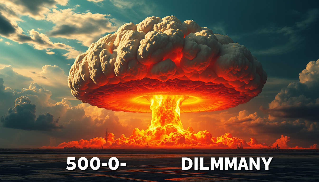 Wallpapers idea: wallpaper artwork, wide atmospheric scene or bold pattern, high detail, huge atomic explosion with huge mushroom cloud 5000 kilo-tonnes of diplomacy w
