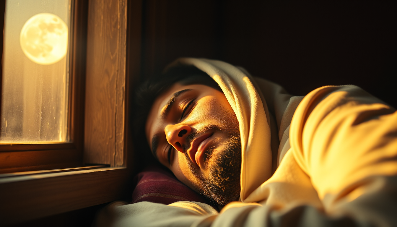 Main art studio: Peaceful Muslim man sleeping calmly while soft golden light gently surrounds the room, moonlight through an old wooden window, warm peaceful facial ex