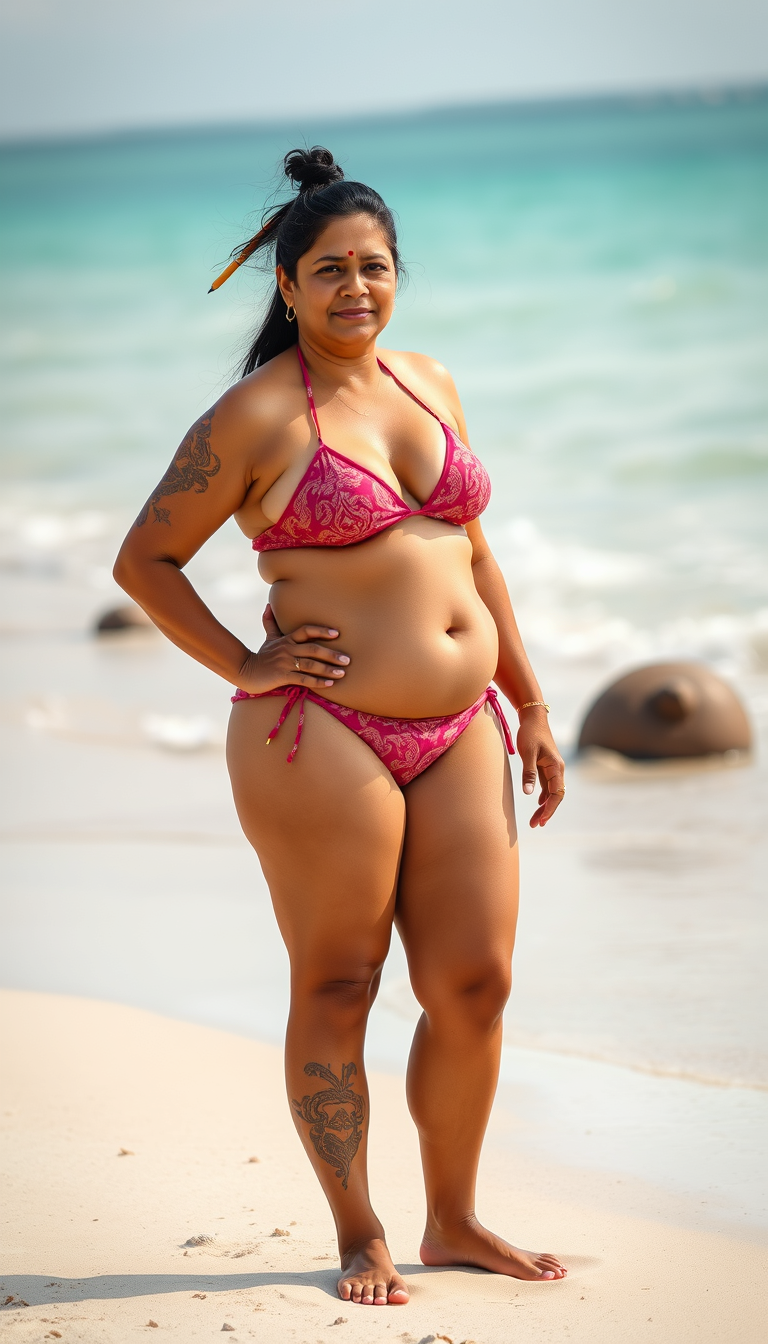 Main art studio: An Indian beautiful 40 years old lady wearing bikini standing on beach, tattooed thighs, chubby body, fair skin, hair tied with pencil, fair skin,