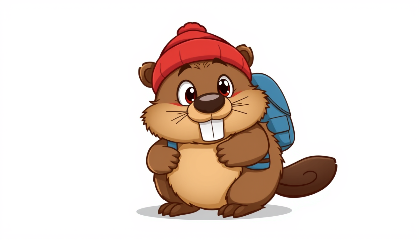 Characters idea: an original character defined by silhouette, role, outfit, palette, and expression, deliberate composition, Cute 2D cartoon beaver named MILO, tiny fl