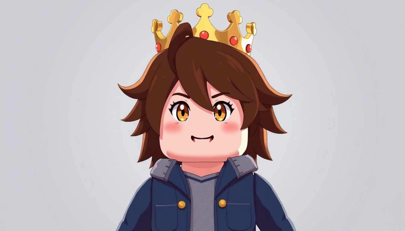 Main art studio: His hair is brown and fluffy type of Roblox. Type here, his head is a typical. Anime head. His crown is just some type of playtime crown, not a toy cr