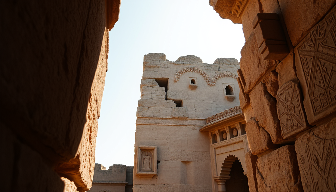 Main art studio: Close-up of centuries-old sandstone masonry at Bhangarh Fort, intricate weathered stone textures, natural cracks, carved architectural details and war