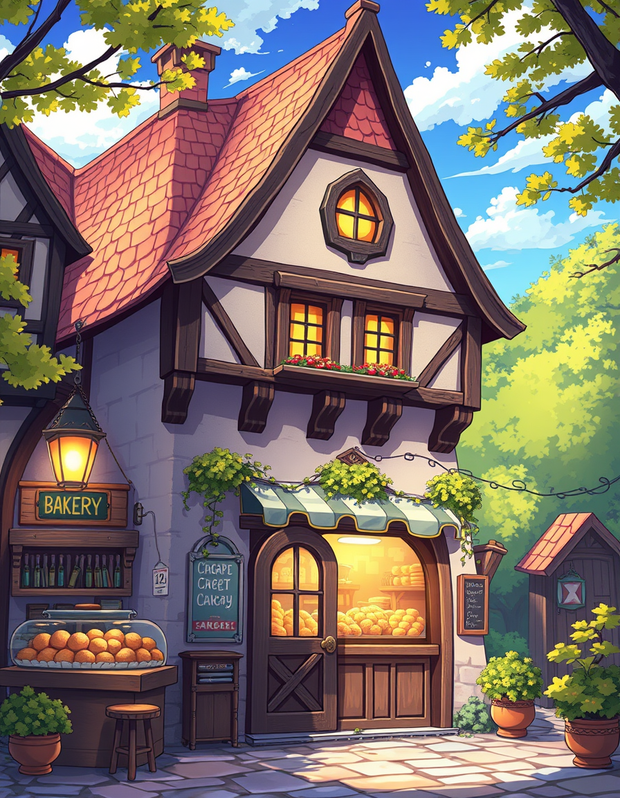 Anime idea: anime style, vibrant colors, expressive eyes, create a medieval bakery building with simple Toon cel-shaded artstyle , detailed anime illustration