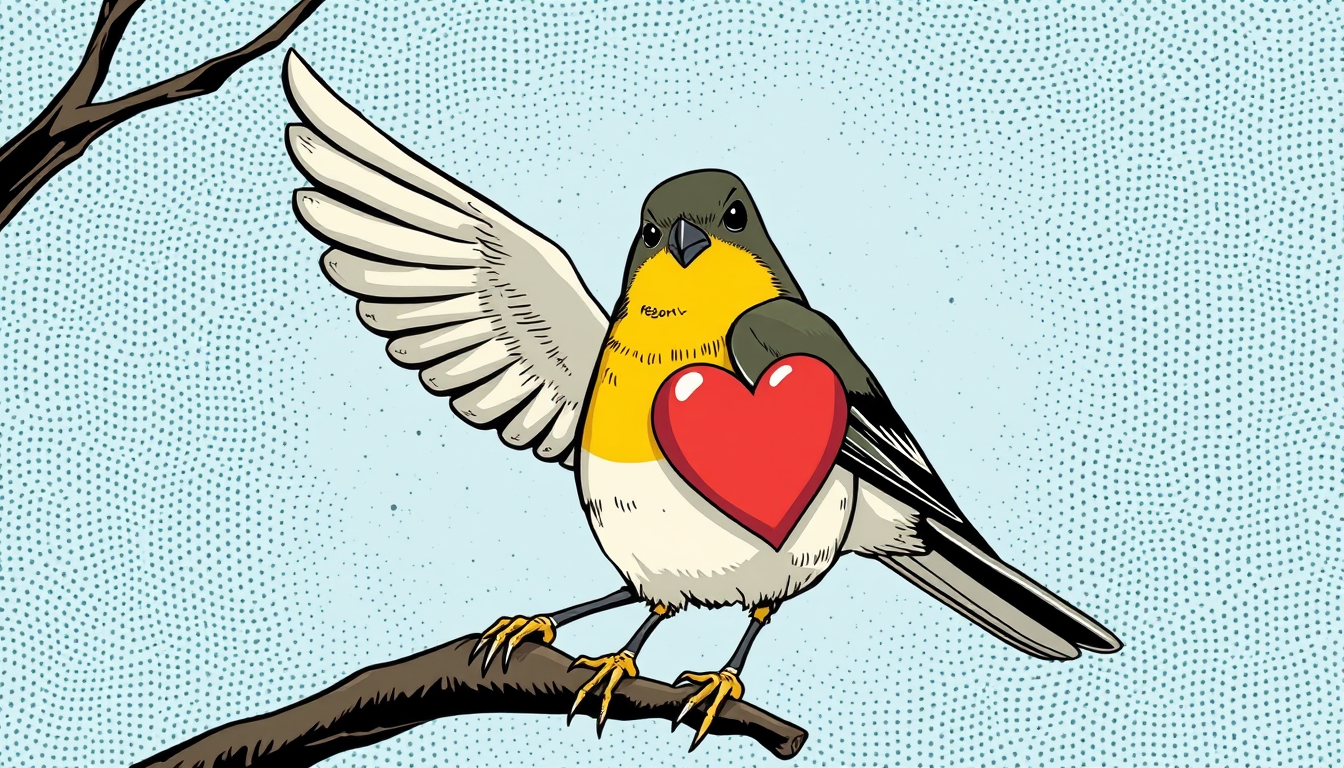 Main art studio: Ein Vogel im Comic-Stil mit Herz in der Hand