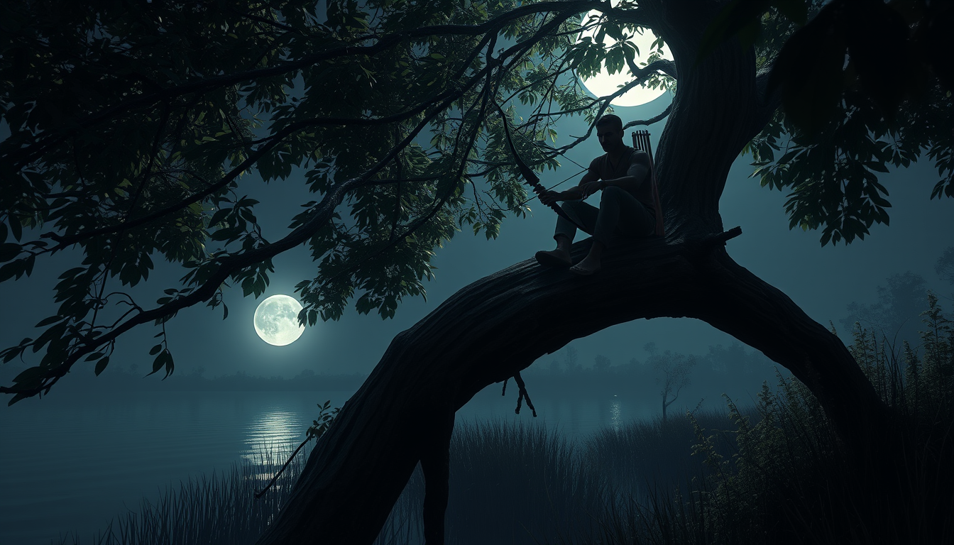 Main art studio: Prompt: A hunter sitting on the high branch of a Bael tree holding a bow, looking down carefully at the ground below near a water body, night scene, m
