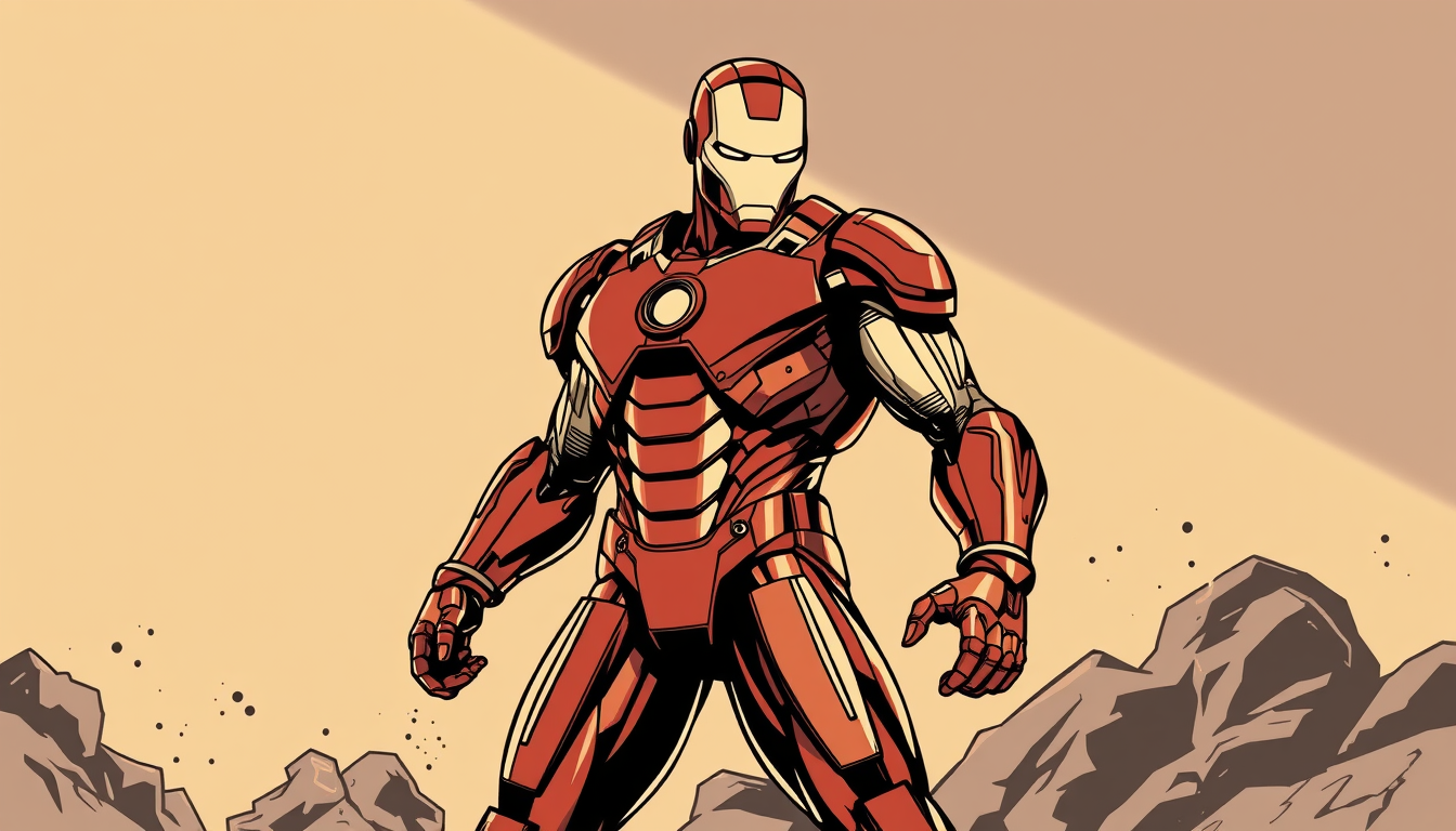 Superhero idea: original superhero character design, dynamic pose, bold costume, dramatic lighting, comic art energy, Iron Man full body, standing heroically, illustr